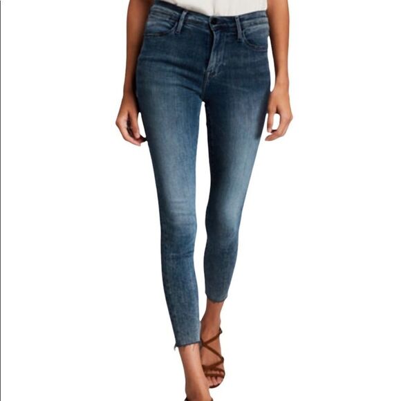 Frame le high Skinny denim jeans crop raw edge hem cotton poly elastane blue 29 - Picture 1 of 10